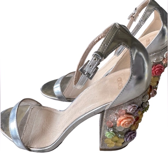 Asos Silver Open Toe Sandal with Floral Embellished Heel. Size 8. - Picture 1 of 4